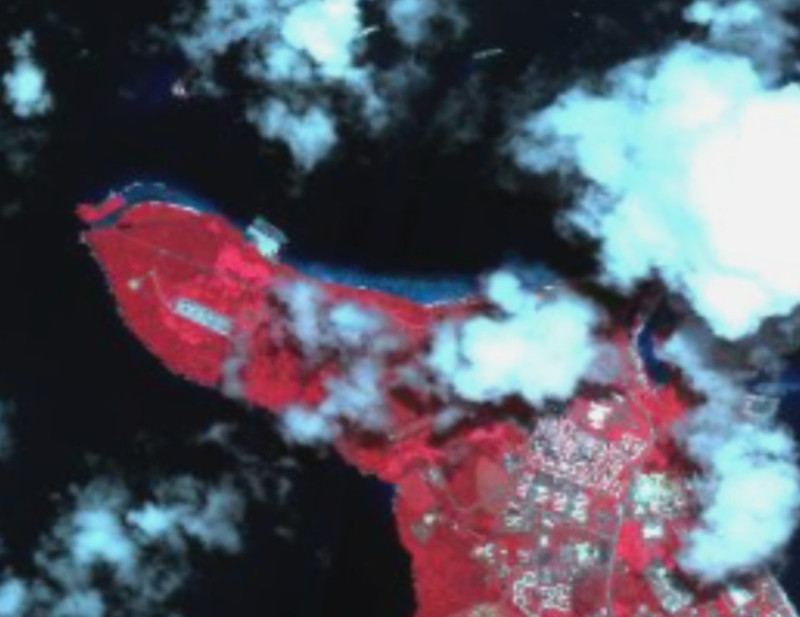中國智庫「南海戰略態勢感知計劃」平台發布衛星照片，指「伊麗莎白女王號」航母靠泊關島港口。   圖：翻攝SCS Probing Initiative推特