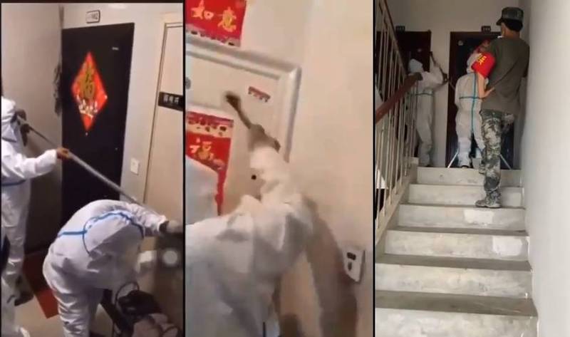 中國「極端防疫」的影片瘋傳，揭露中國防疫人員直接帶著工具到居民家門口「封門」不給外出。   圖：翻攝推特