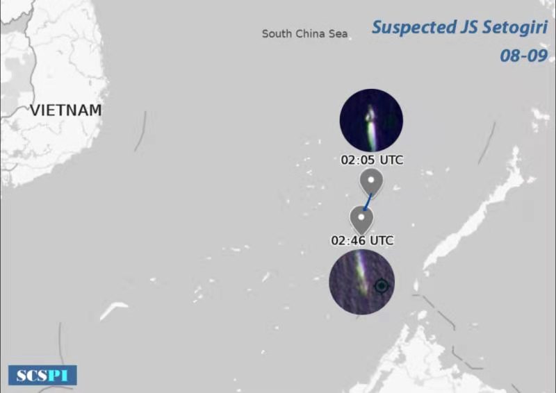 日本海上自衛隊「朝霧級」護衛艦「瀨戶霧號(DD-156)」被發現8月9日凌晨由北往南穿過爭議的美濟礁和仁愛暗沙水道。   圖：翻攝 SCS Probing Initiative推特