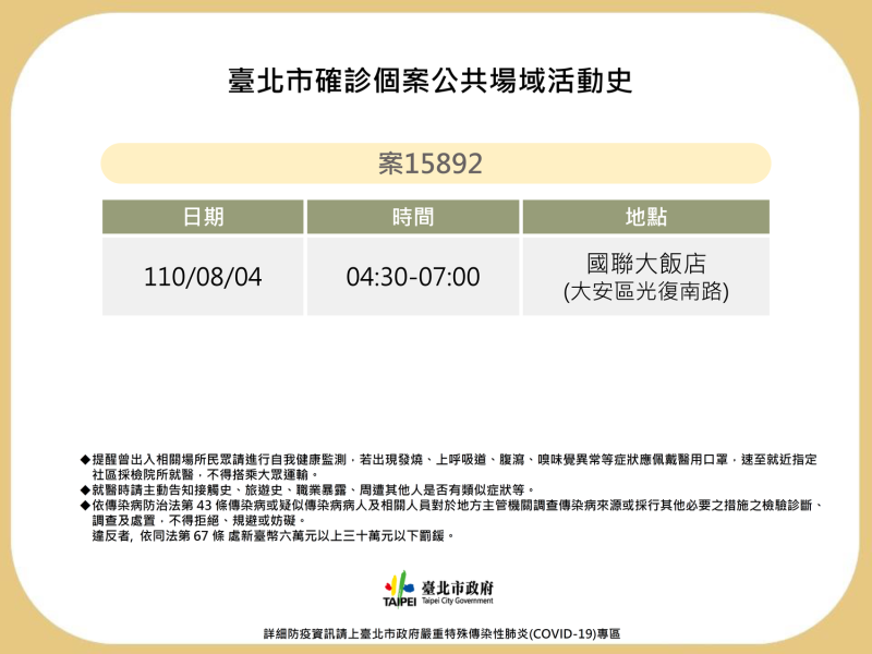 台北市公布個案足跡。   圖：台北市政府 / 提供