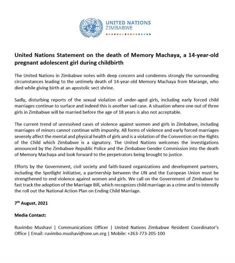 聯合國譴責辛巴威童婚陋習。   圖：翻攝自聯合國駐辛巴威辦公室推特