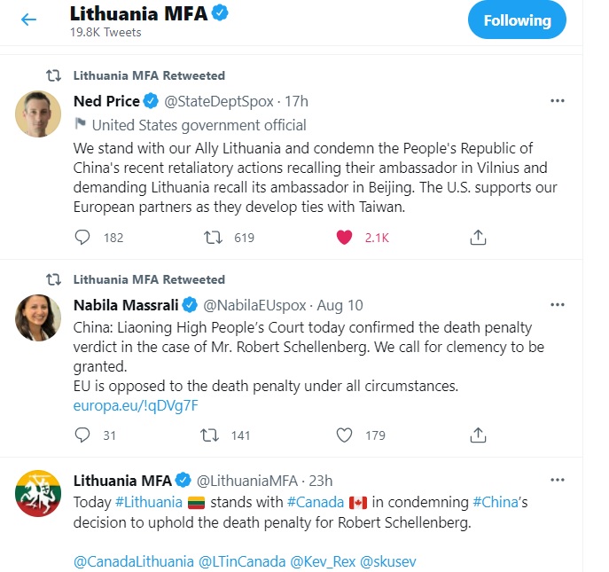 面對中國要求召回大使，立陶宛外交部推特雲淡風輕，只表態挺加拿大反中國迫害人權。   圖：翻攝自立陶宛外交部推特