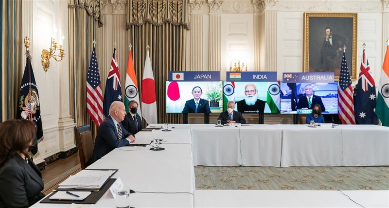 美國、日本、印度和澳洲組成的「四方安全對話」。圖為2021年3月12日召開的四方安全對話線上領袖峰會。   圖：取自facebook.com/POTUS（資料照片）