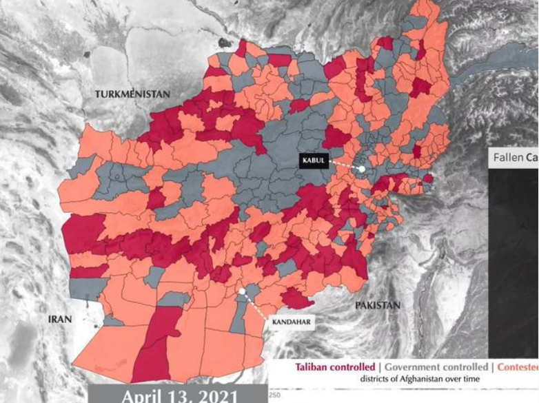 2021年4月13日的阿富汗局勢圖，政府軍的控制區域在當時仍占主導。   圖：翻攝自美國智庫《保衛民主基金會》