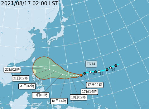 氣象局指出，位於關島海面的熱帶性低氣壓「TD14」，以每小時27公里速度，向西進行，有發展成為輕度颱風的趨勢。   圖：中央氣象局/提供