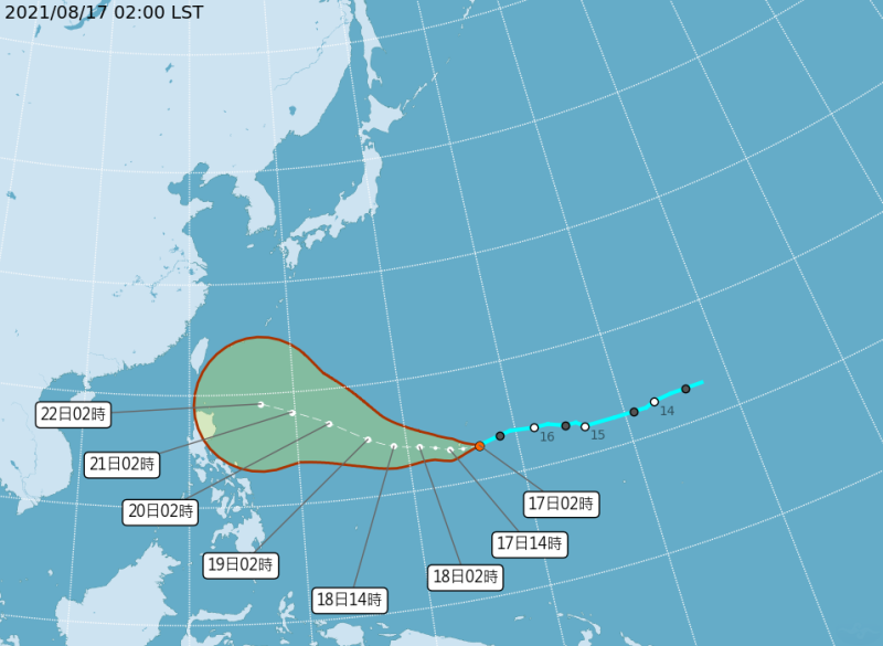 位在關島東方的熱帶低壓TD14，最快將在明日發展為輕度颱風奧麥斯。   圖：中央氣象局／提供