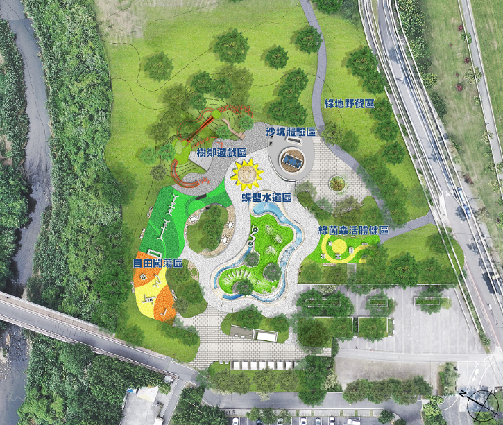以「陽光綠洲」為主題打造特色共融遊戲場，提供更多元的遊戲體驗。   圖：新北市水利局提供