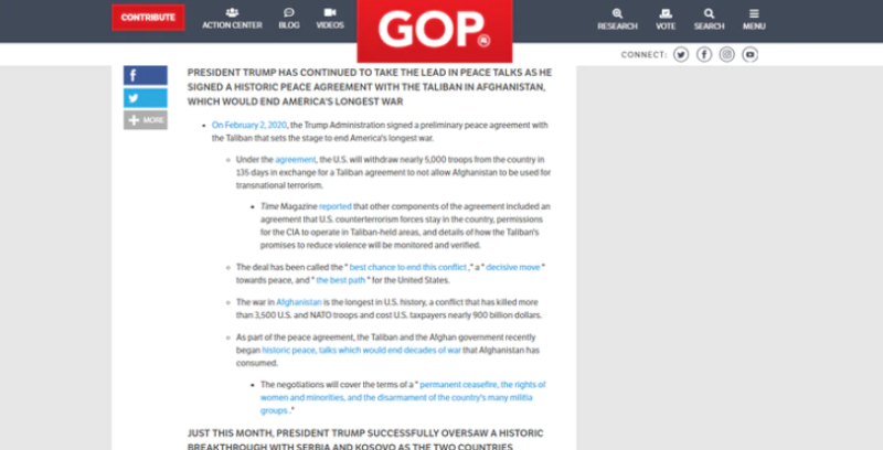 共和黨撤下的網頁中可見川普與神學士達成協議的內容。   圖：翻攝共和黨網頁截圖