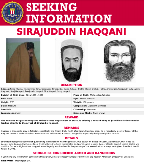 美國FBI對「哈卡尼網絡」領導人哈卡尼祭出通緝令。   圖：截自FBI官網