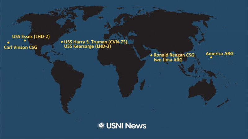 美國海軍學會新聞網(USNI)報導美軍艦群在全球分布狀況。   圖：翻攝美國海軍學會新聞網