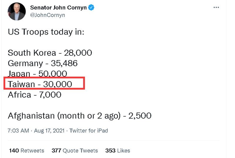 美國共和黨參議員約翰．康寧17日一則推特引發爭議，指在台美軍人數高達3萬人。   圖：翻攝Senator John Cornyn推特