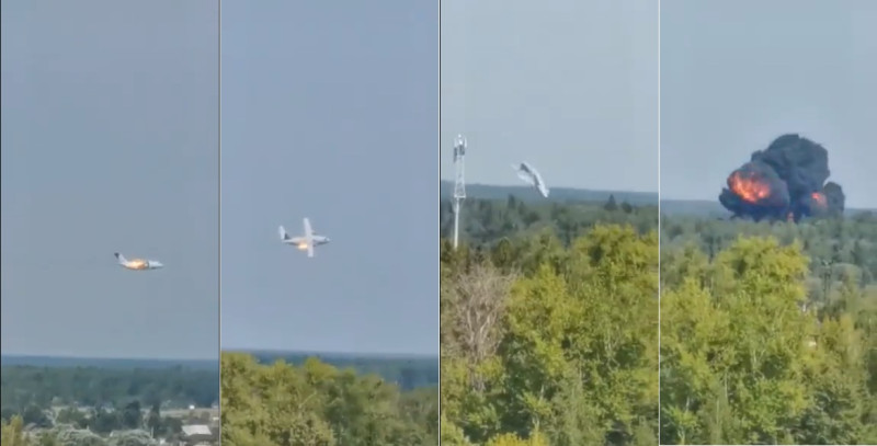 俄羅斯軍方1架載有3人的伊留申-112新型運輸機原型機(Il-112V)，17日在莫斯科試飛時，飛機機翼突然著火後墜落。   圖：翻攝 Новая Газета推特