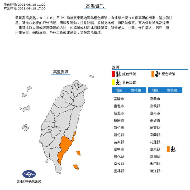 氣象局對台東縣發布高溫特報。   圖：中央氣象局／提供