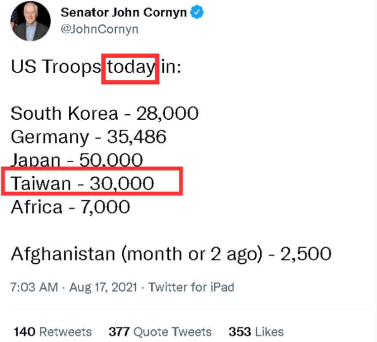 約翰·科尼在當地時間周二發布了一則宣稱台灣「如今」有3萬美國駐軍的文章，又在隨後將文章刪除。   圖：翻攝自推特