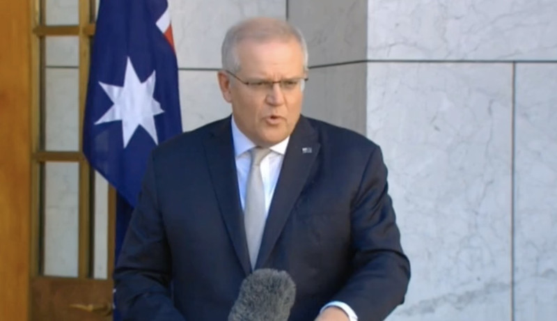 澳洲總理莫里森宣布首班救援班機已撤走26人。   圖：翻攝自莫里森臉書影片