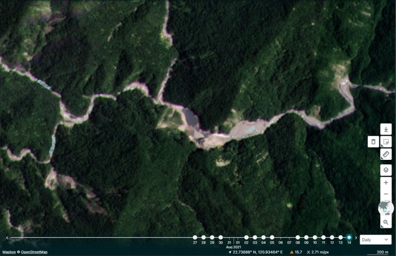 8月14日衛星影像，可見蓄水面積大幅降低。   圖：台東林管處／提供