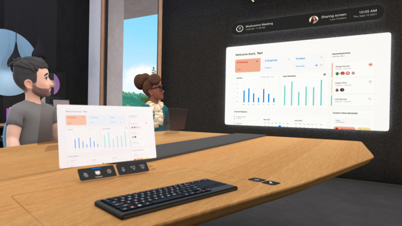 Horizon Workrooms模擬真實會議場景，會議間有投影版和個人電腦筆記區。   圖：翻攝自Facebook