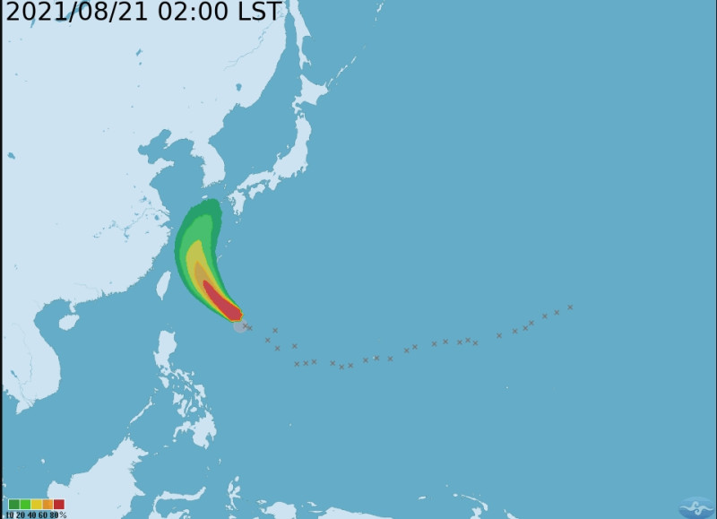 根據中央氣象局今2時「暴風圈侵襲機率圖」顯示，「奧麥斯」在台灣東南方海面，向西北進行，將在琉球附近大迴轉，通過台灣鄰近海域的機率低。   圖/中央氣象局