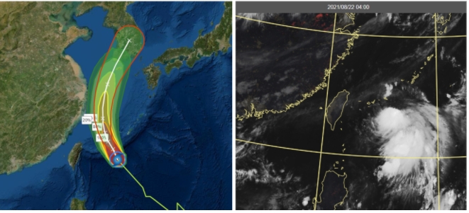 中央氣象局今(22)日2時「路徑潛勢預測圖」及「暴風圈侵襲機率圖」(左圖)顯示，今日中午前後「奧麥斯」中心將通過宮古島，向北北西轉北進行，再於東海大迴轉。衛星雲圖顯示，「奧麥斯」暴風範圍小，其左側更小於右側(右圖)。   圖/「三立準氣象．老大洩天機」