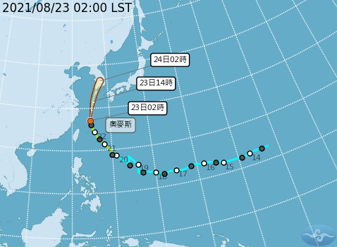 輕度颱風「奧麥斯」幾乎繞了180度的半圓，朝韓國首爾前去，對台灣影響減弱，但北部海面與東北部海面仍要小心強風肆虐。   圖：中央氣象局/提供