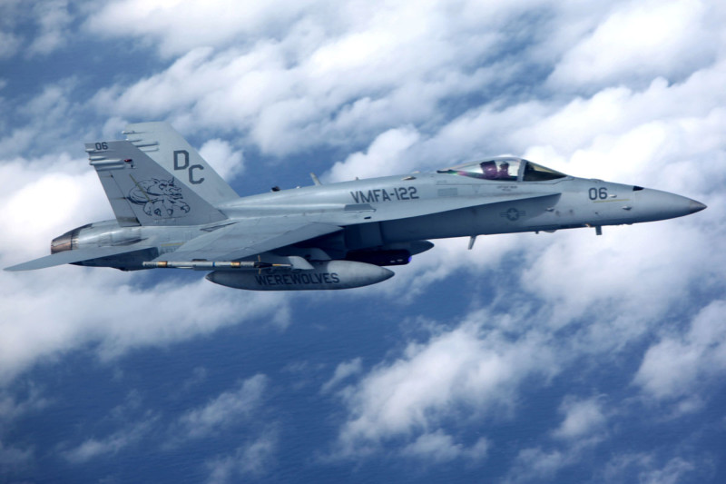 F-18 大黃蜂是一種全天候噴氣式飛機，戰鬥力強，可以執行快速攻擊。   圖：翻攝自Military.com