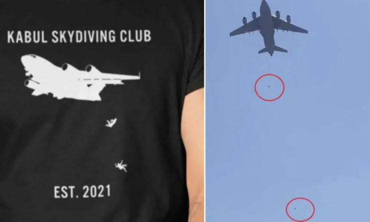 當全世界為兩名阿富汗人從美國軍機墜落的悲劇感到震驚之際，美國卻有電商平臺售賣印有阿富汗人從美國軍機墜落場景的T恤，引發輿論痛批。   圖：翻攝自環球網