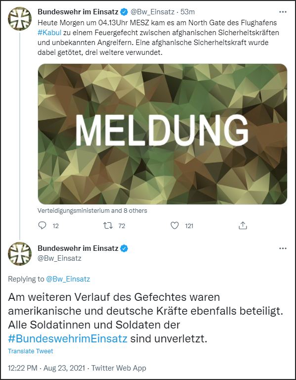 德國聯邦國防軍推特發文，阿富汗當地時間8月23日早上6點43分(台北時間10時13分)，阿富汗喀布爾國際機場北門發生交火。傳出1死3傷。   圖：翻攝德國聯邦國防軍推特
