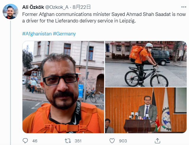 阿富汗前通信和資訊技術部長薩達特被發現在德國展開新生活，以送披薩為業。   圖：翻攝推特
