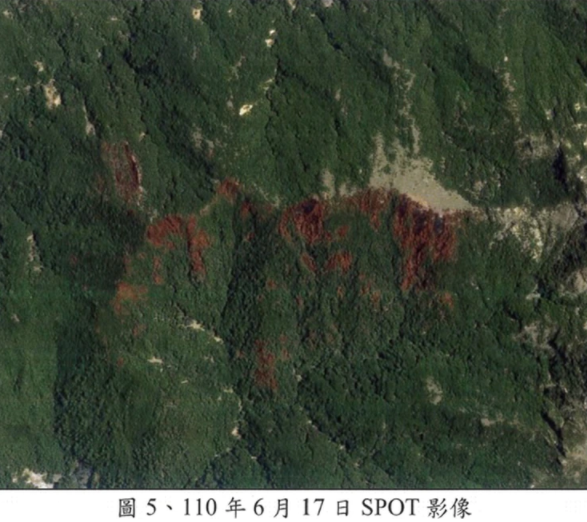 衛星影像中的鐵灰色處就是森林大火波及的範圍，延燒面積達79.7公頃。   圖：南投地檢署提供