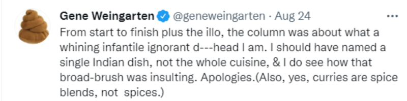 溫加滕隨後也在推特為批評印度食物道歉。   圖：翻攝自推特