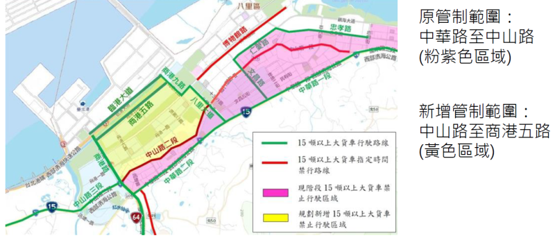 八里台北港重劃區將自9月1日起實施15噸以上大貨車禁行管制。   圖：新北市交通局提供