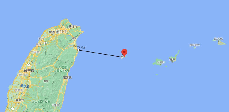 與那國島距離台灣宜蘭縣蘇澳鎮烏石鼻僅108公里。   圖：翻攝Google Map