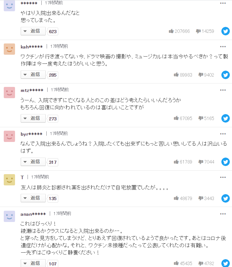 日本Yahoo的報導留言區紛紛批質疑瀨遙怎麼可以住院，獲得20萬個讚的留言就表示「果然住院了啊，我就知道」   圖：翻攝自日本Yahoo