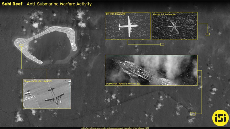 衛星影像提供公司「ISI」1日PO出一張渚碧礁附近的軍事活動影像，顯示中國解放軍已將該人工島「全面軍事基地化」。   圖：翻攝 ImageSat Intl.推特