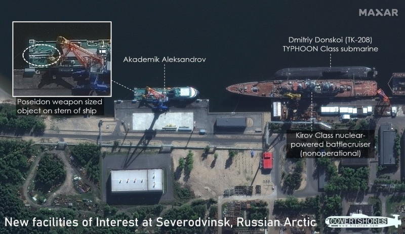 俄羅斯海軍在白海邊緣北德維納河北岸新基地，美軍依衛星圖像推測將為遠程核動力無人水下載具「海神」的補給基地。   圖：翻攝USNI官網
