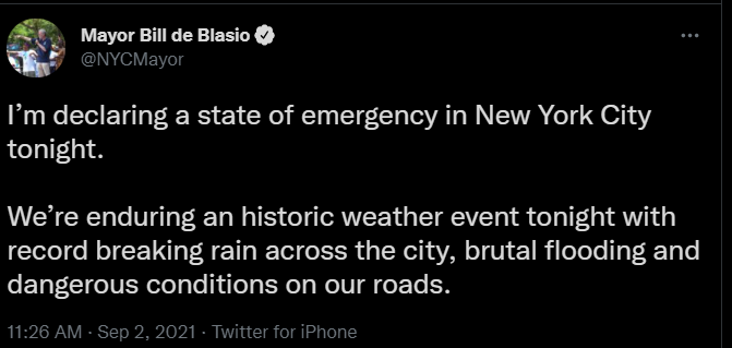 紐約市長宣布，今晚紐約市進入緊急狀態。   圖: 翻攝自推特