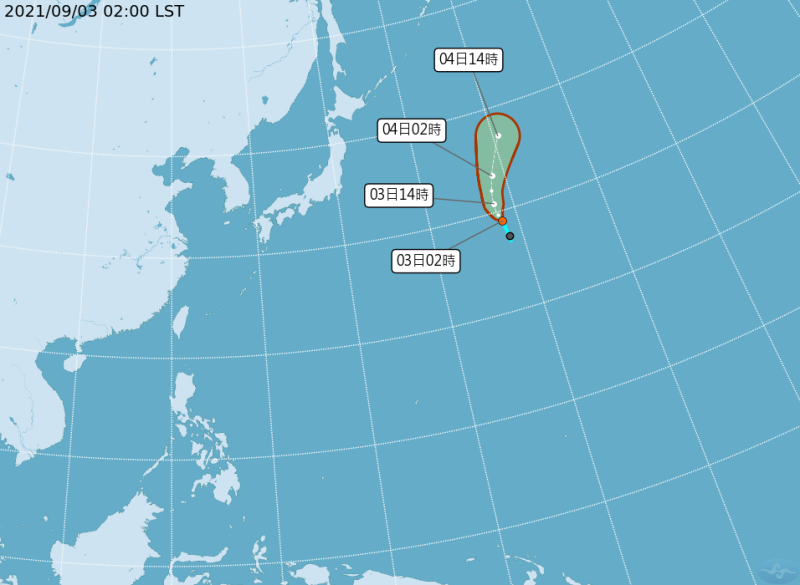 熱帶性低氣壓TD15，3日2時的中心位置在北太平洋威克島附近，正以每小時14公里速度，向北北西進行。   圖：中央氣象局/提供