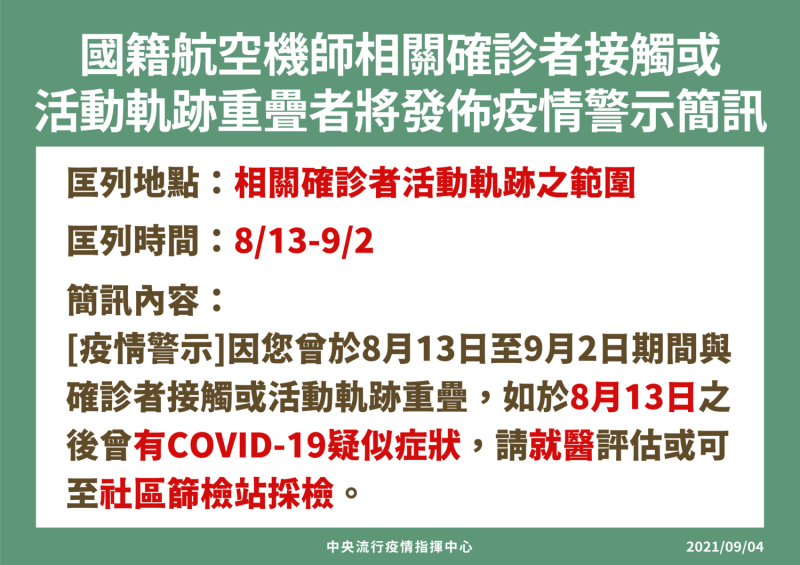 指揮中心將對與長榮確診機師足跡重疊的民眾發送疫情警示簡訊。   圖：中央流行疫情指揮中心／提供