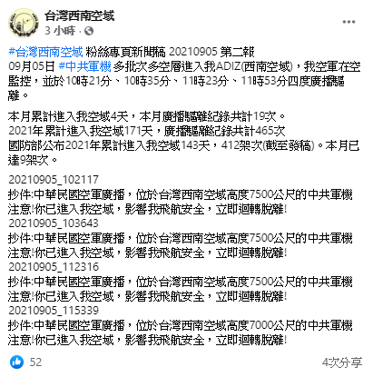 「台灣西南空域」臉書貼文。   圖: 翻攝自台灣西南空域臉書
