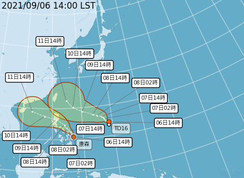 颱風康森與熱帶性低氣壓TD16的預估路徑。   圖：取自中央氣象局