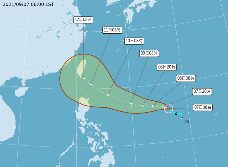 14號颱風「璨樹」路徑潛勢圖。   圖：中央氣象局／提供