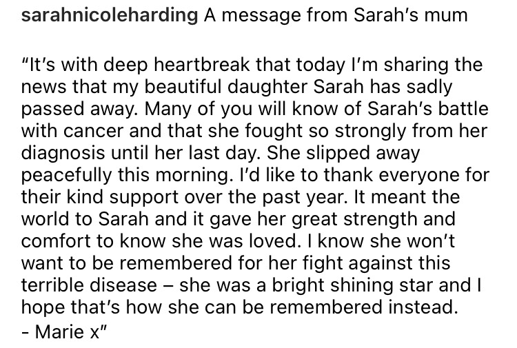 莎拉的母親在IG公布莎拉離世的消息。   圖：翻攝自IG/sarahnicoleharding