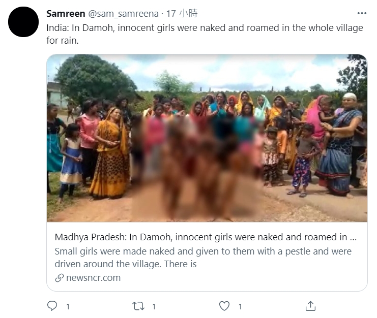 印度的女孩赤身著裸體，在村子裡四處遊走，祈雨。   圖：擷取自Twitter