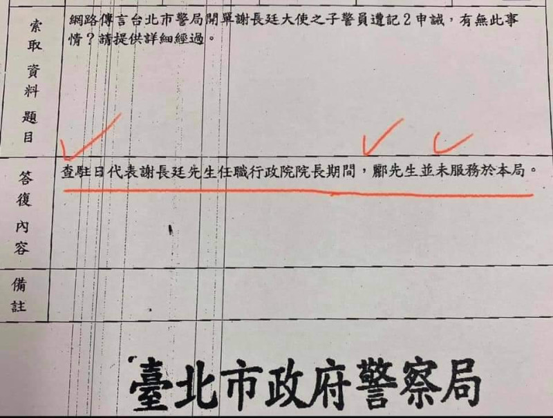 立法委員王定宇向台北市警察局求證。   圖源：翻攝自謝長廷臉書