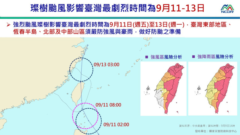 璨樹颱風將於週末襲台，各地嚴防強風豪雨。   圖：國家災害防救科技中心／提供