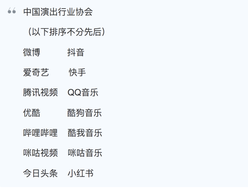中國演出行業協會共同簽署和缺的平台   圖：翻攝微博