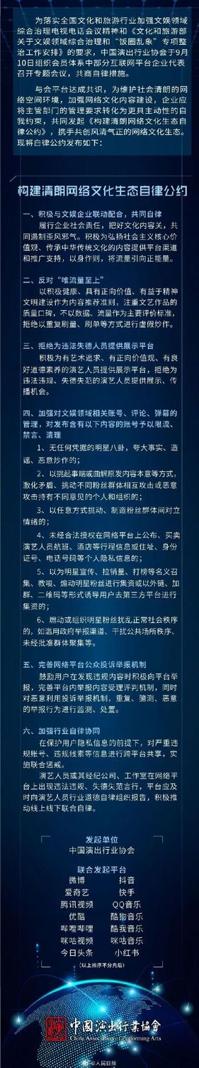 中國對演藝圈的最新清朗政策 《構建清朗網絡文化生態自律公約》   圖：翻攝微博
