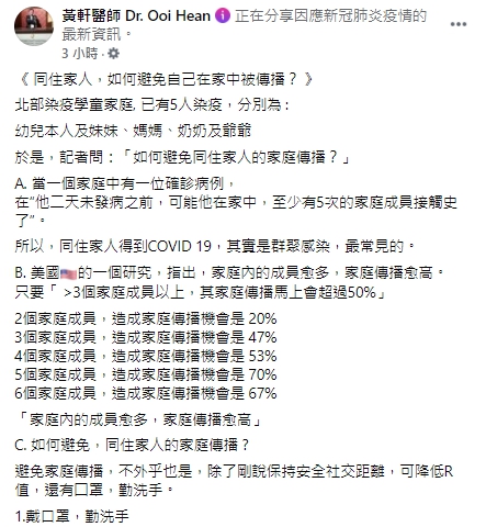 醫師提出4點防止同住家人間家庭傳播的方法。   圖：翻攝自黃軒醫師臉書