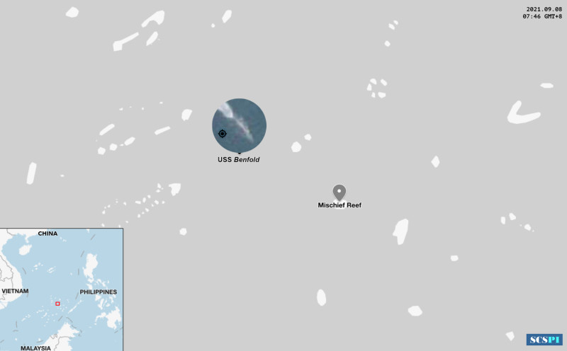中國智庫「南海戰略態勢感知計劃」平台，發布衛星測照，指美軍勃克級飛彈驅逐艦「班福特號(DDG-65)」本月8日在南沙群島海域跨越中國美濟礁12海浬。 圖：翻攝SCS Probing Initiative推特