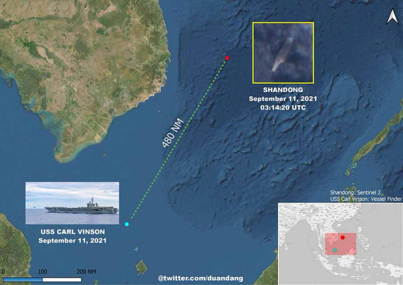中國解放軍航空母艦「山東號(CV-17)」為躲避「康森」颱風，沿越南海岸往南航行，在11日凌晨被衛星捕捉到距離美軍「卡爾文森號(CVN-70)」航空母艦約480海浬。   圖：翻攝Duan Dang推特